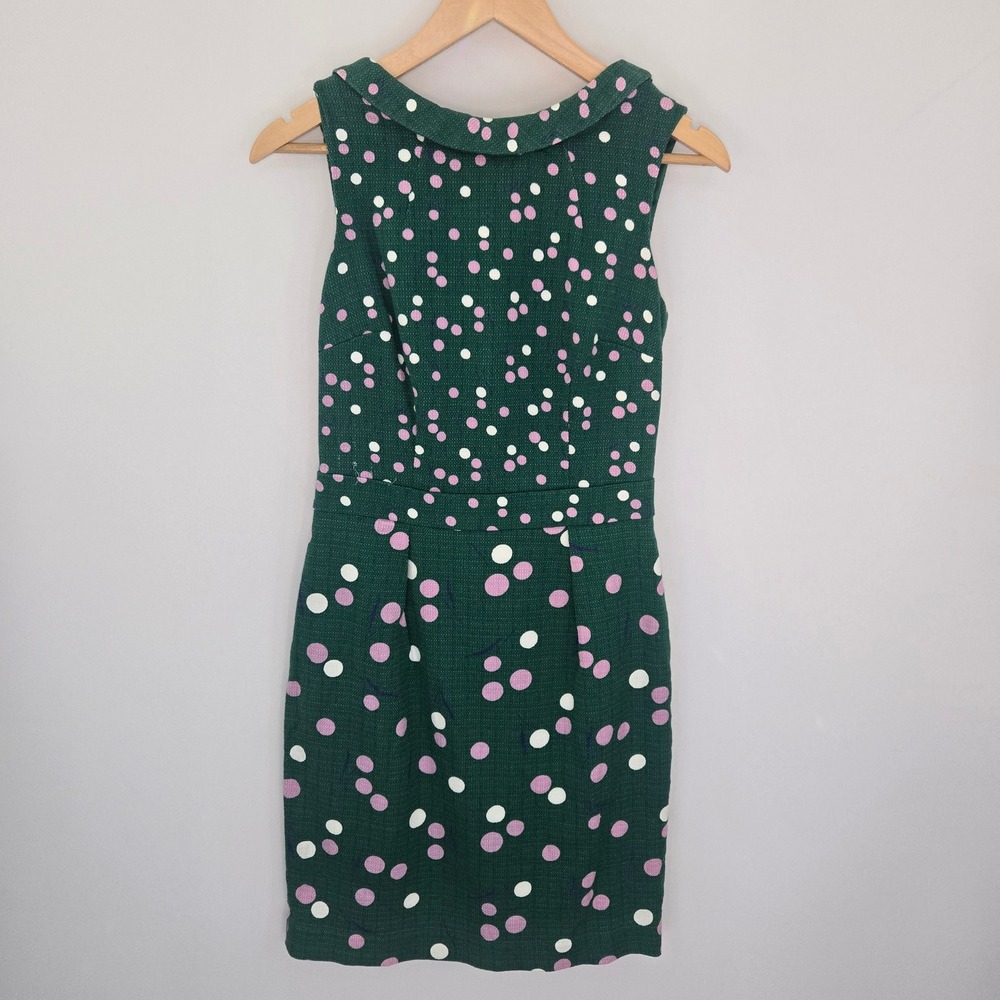 Boden Martha Sheath Dress Sz 6R Green Pink Polka Dot Peter Pan Collar Sleeveless